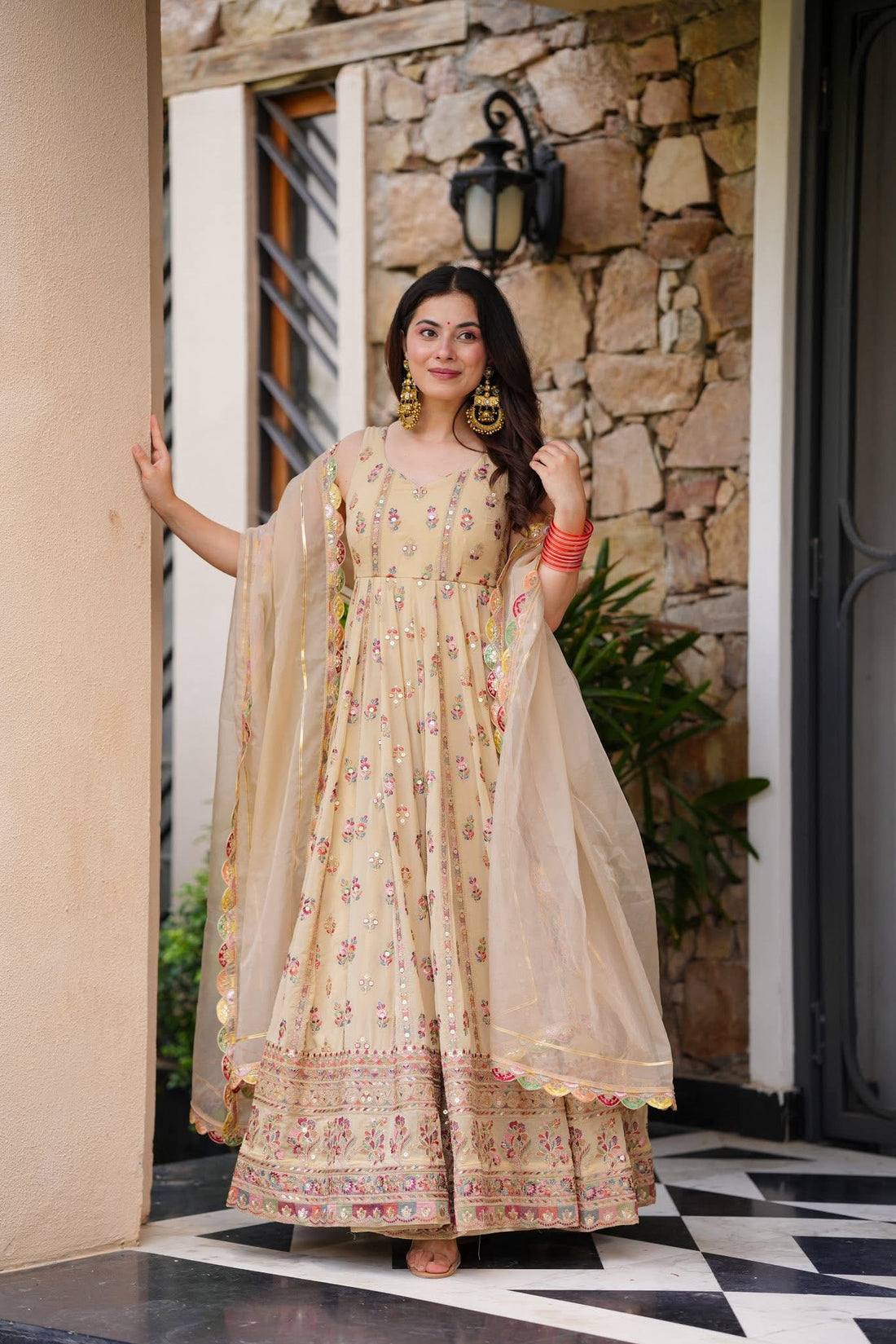 Premium Full Flair Gown &amp; Dupatta Set with Heavy Embroidery on Shimmer Fabric