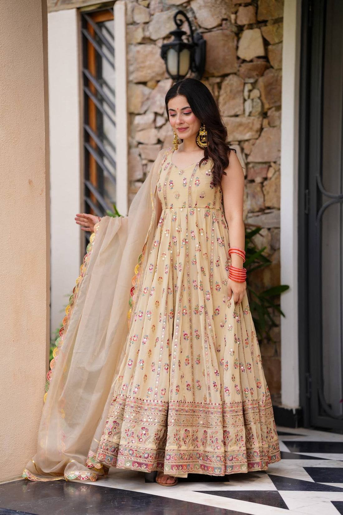 Premium Full Flair Gown &amp; Dupatta Set with Heavy Embroidery on Shimmer Fabric
