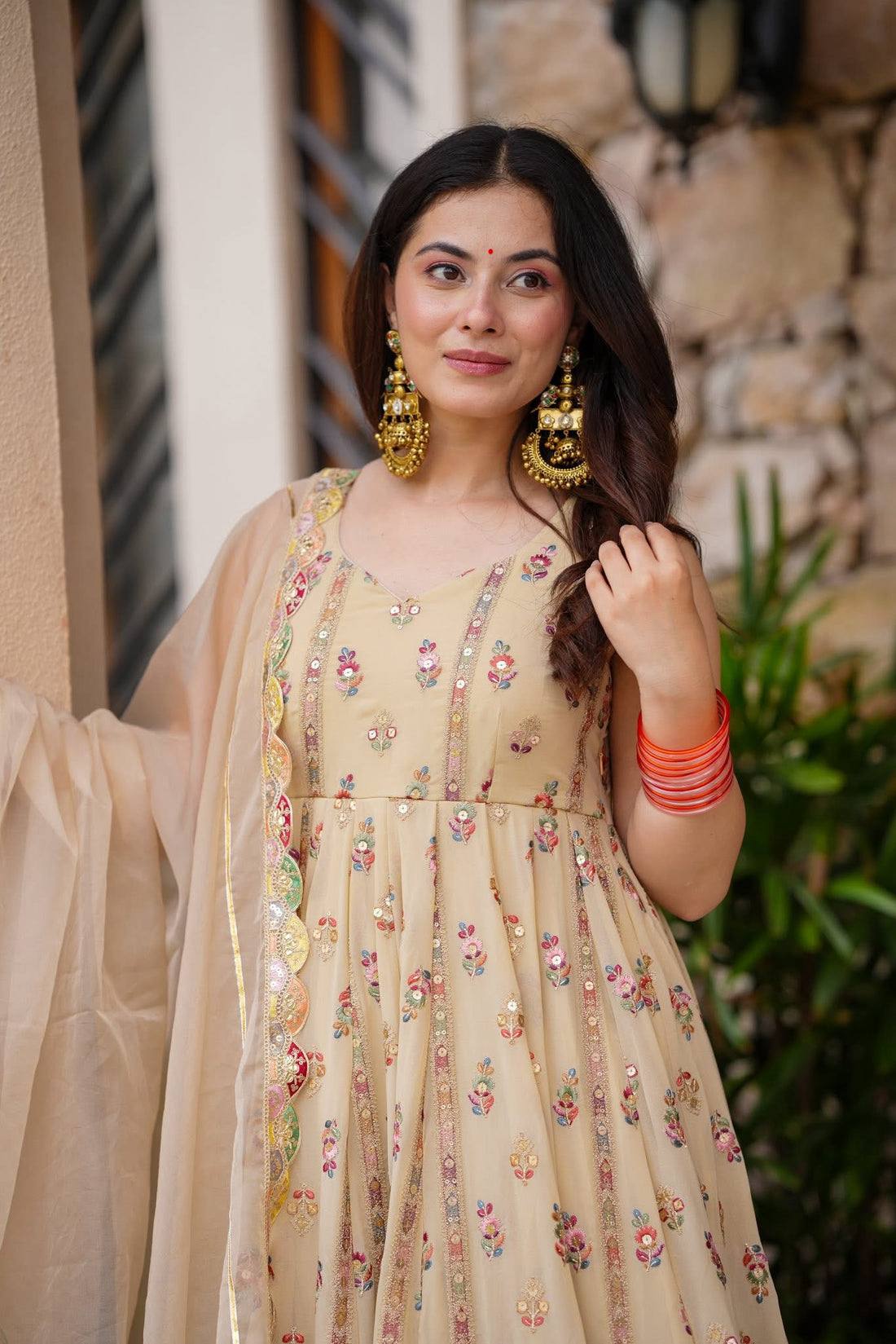 Premium Full Flair Gown &amp; Dupatta Set with Heavy Embroidery on Shimmer Fabric