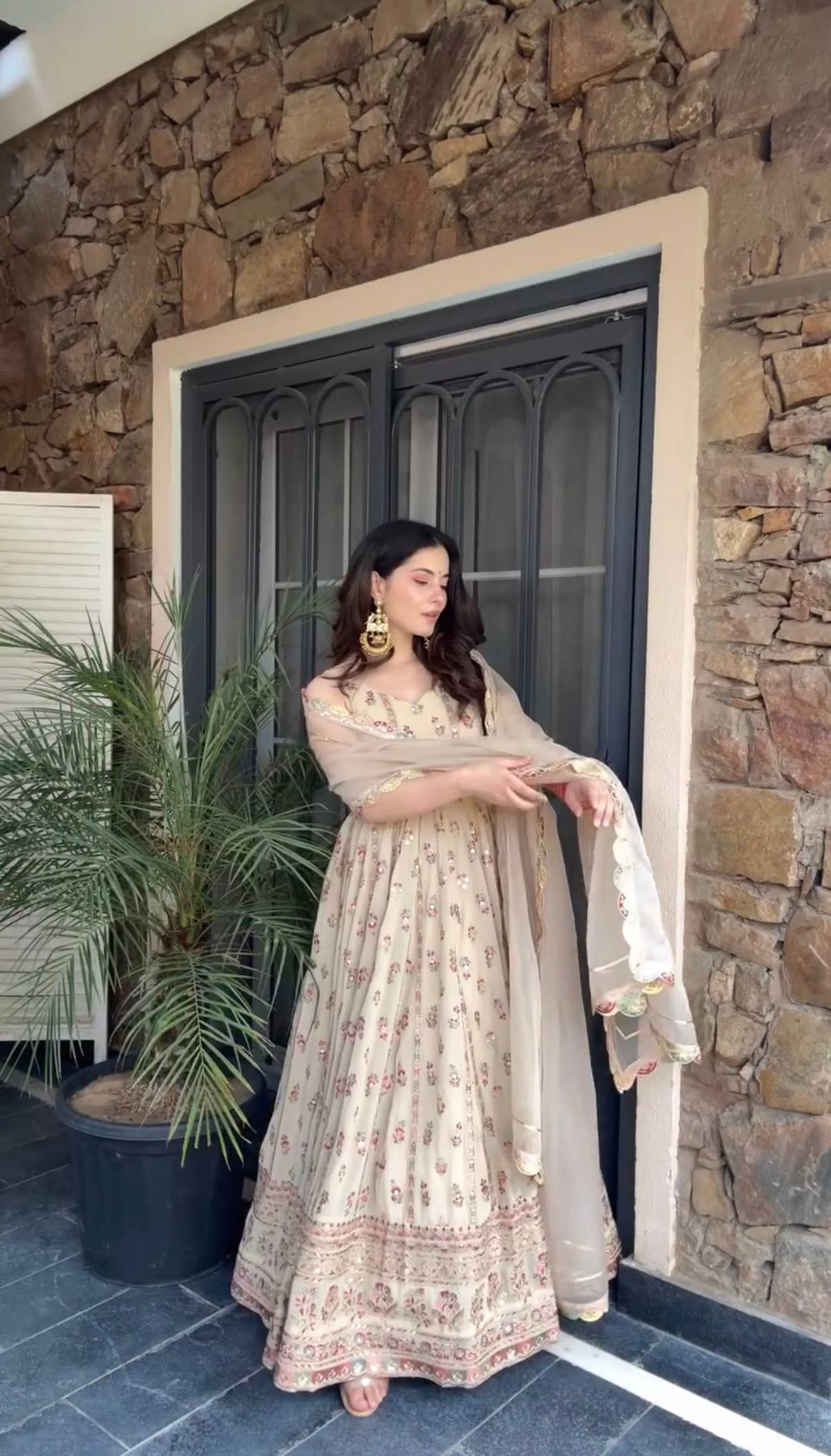 Premium Full Flair Gown &amp; Dupatta Set with Heavy Embroidery on Shimmer Fabric