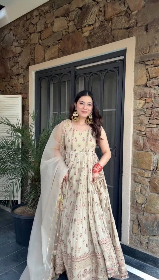Premium Full Flair Gown &amp; Dupatta Set with Heavy Embroidery on Shimmer Fabric