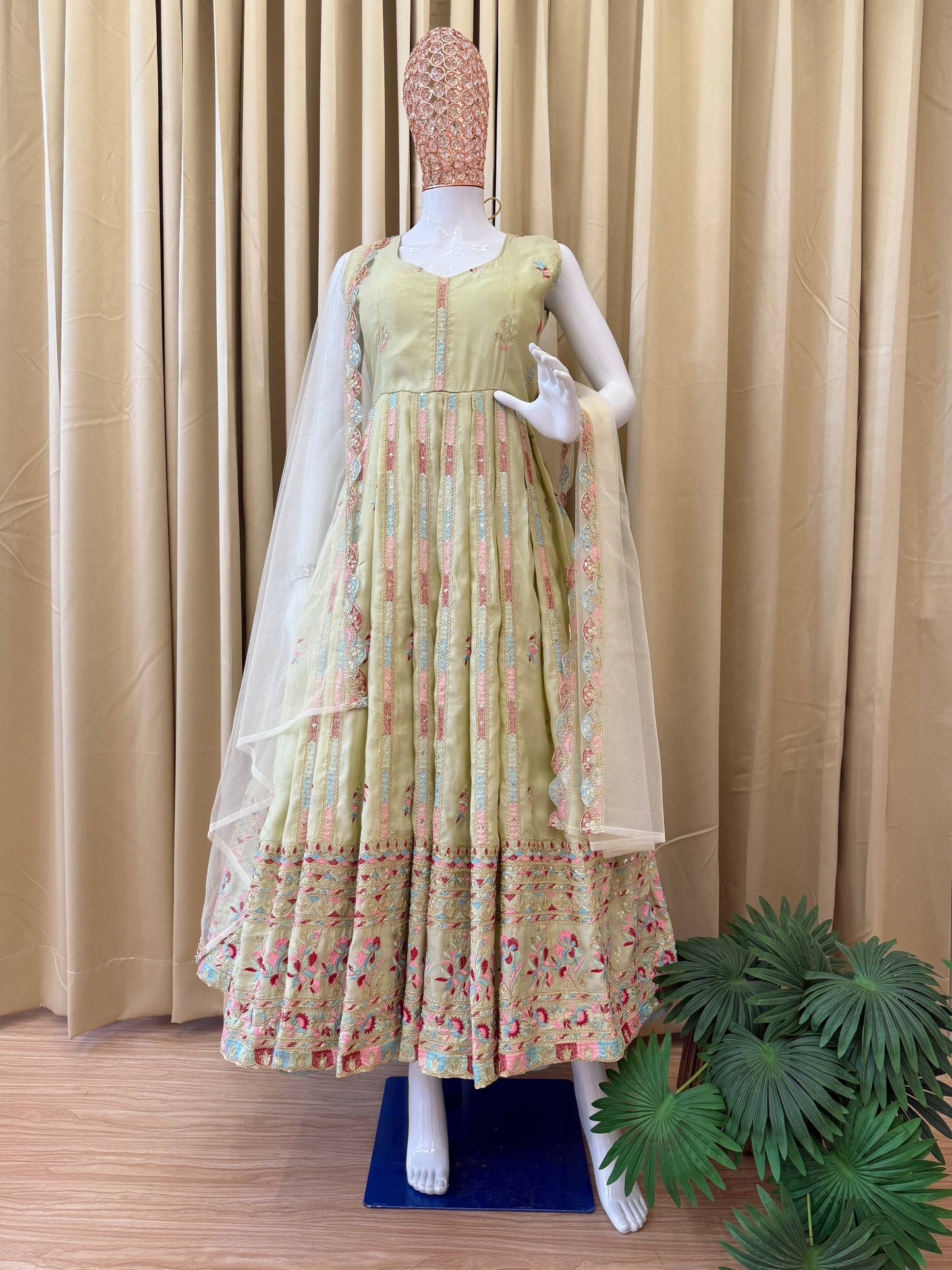 Premium Full Flair Gown &amp; Dupatta Set with Heavy Embroidery on Shimmer Fabric