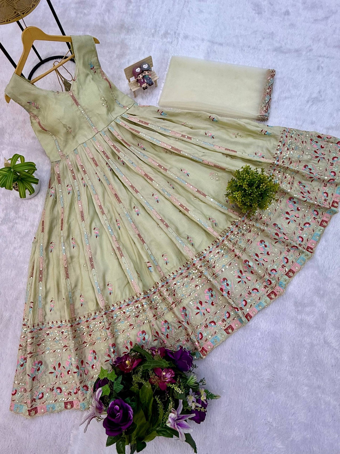 Premium Full Flair Gown &amp; Dupatta Set with Heavy Embroidery on Shimmer Fabric