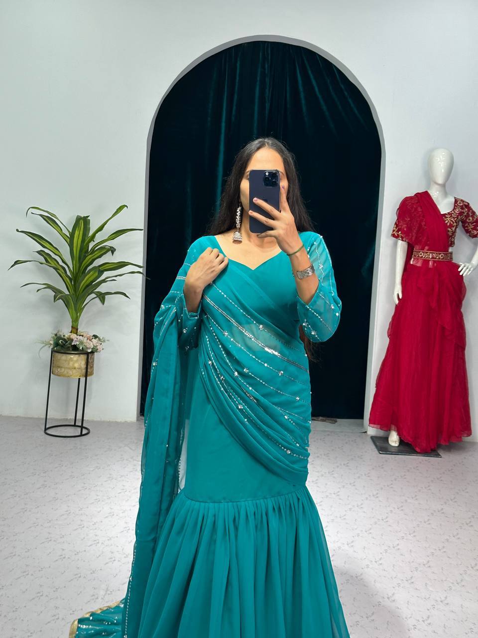 Partywear Pearl Work Lehenga Saree – Ready to Wear