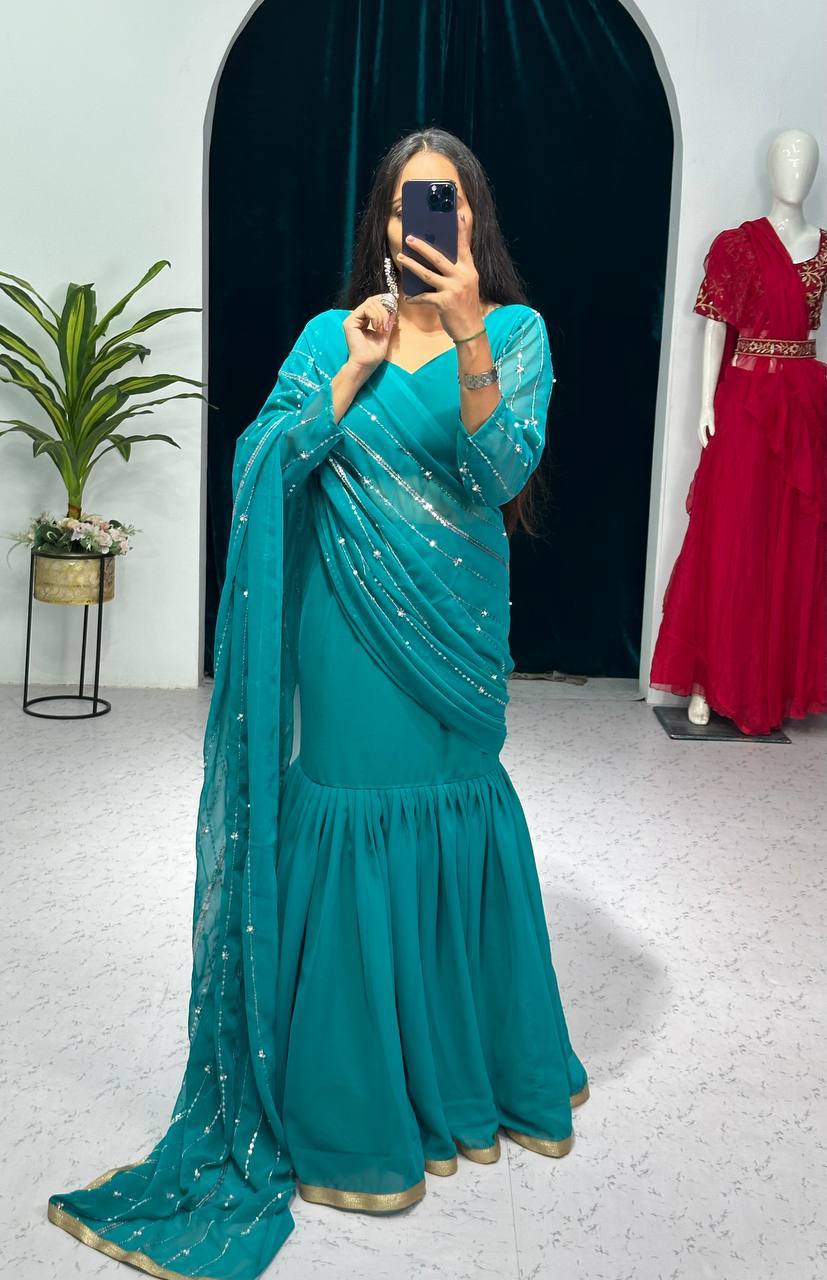Partywear Pearl Work Lehenga Saree – Ready to Wear