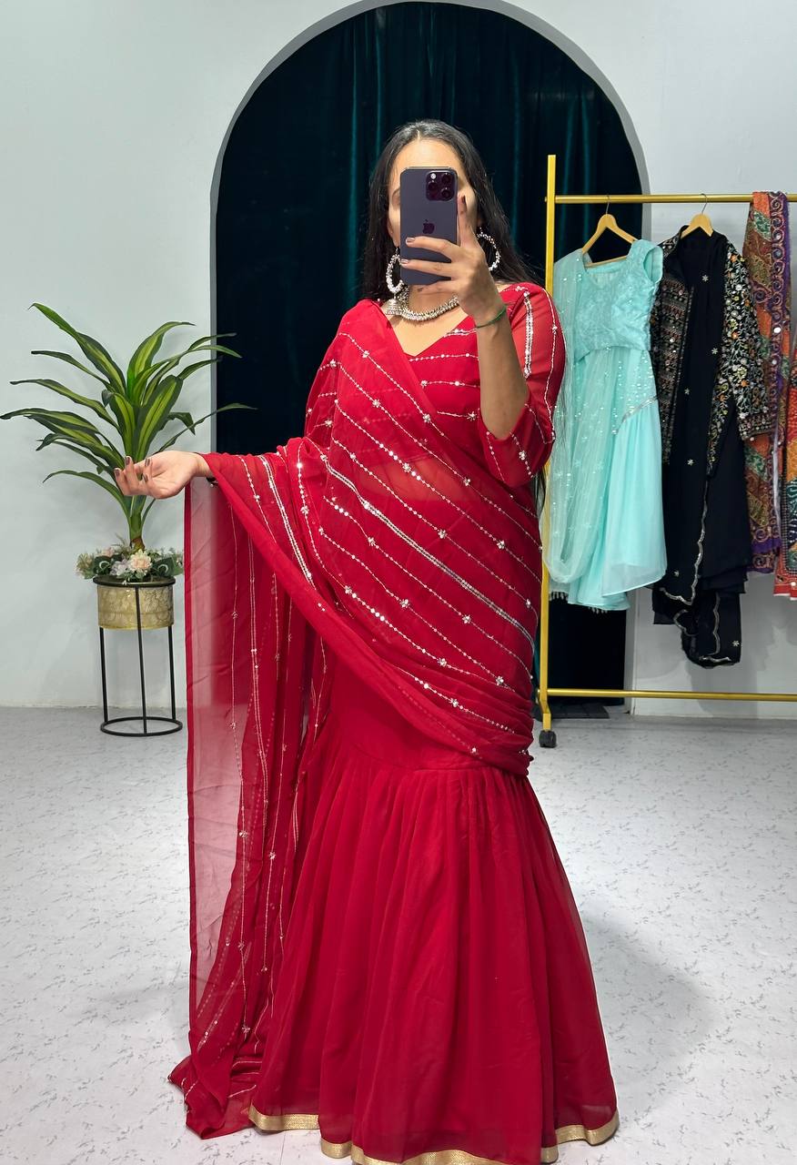 Partywear Pearl Work Lehenga Saree – Ready to Wear