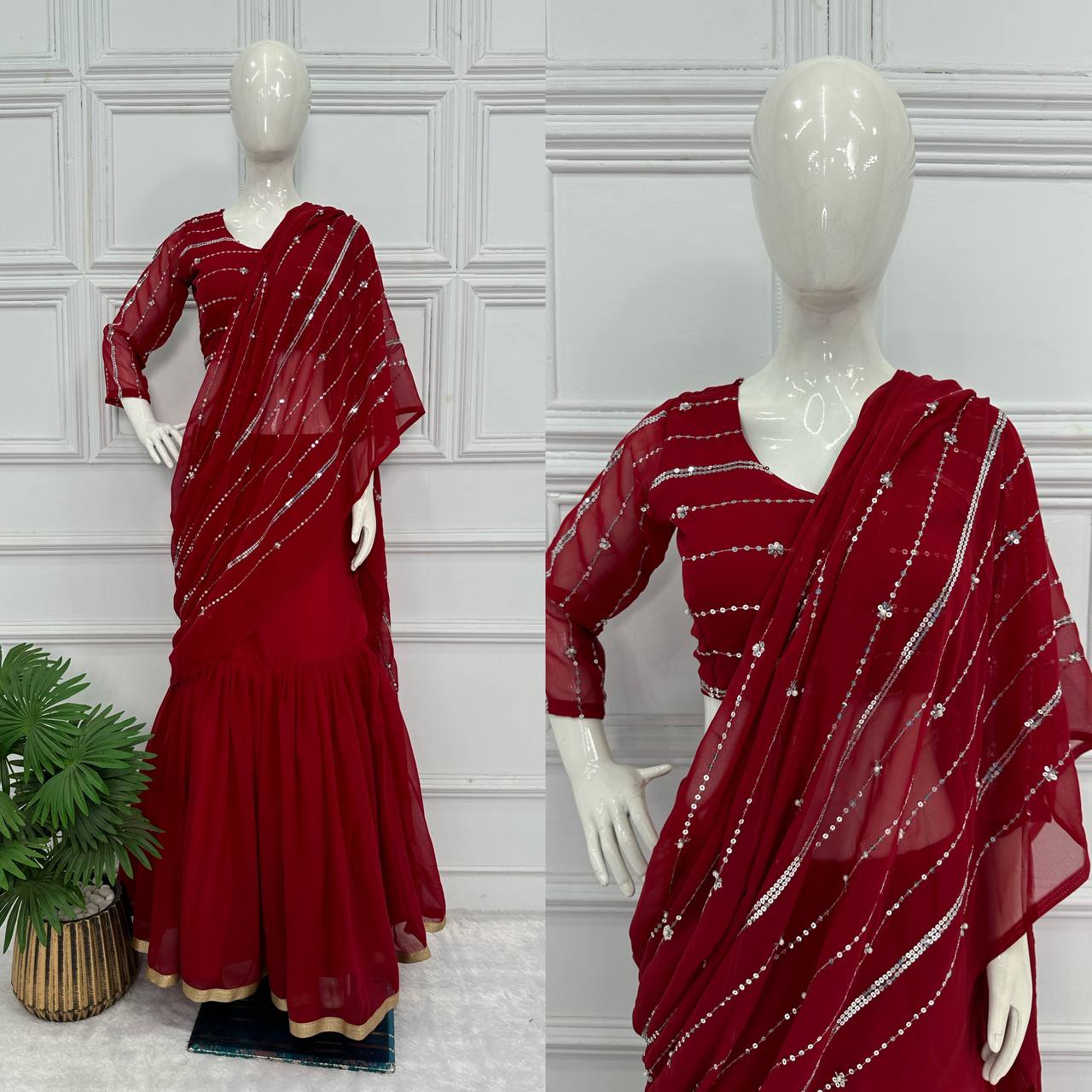 Partywear Pearl Work Lehenga Saree – Ready to Wear