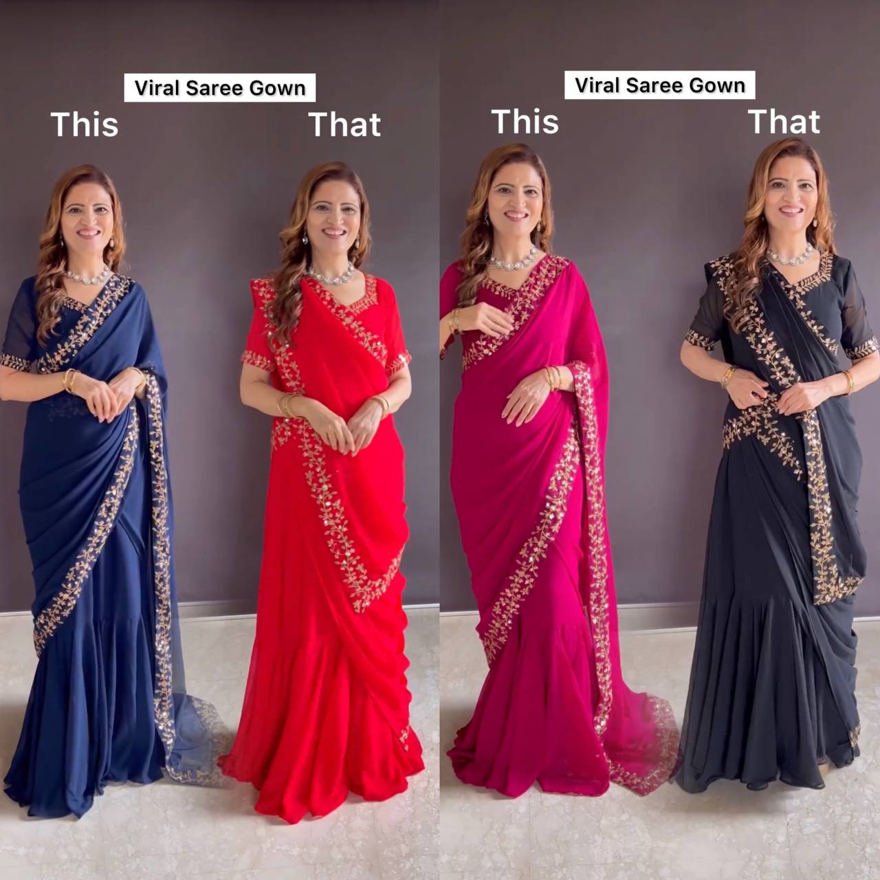 Premium Faux Georgette Gown-Saree with Embroidered Lace Border