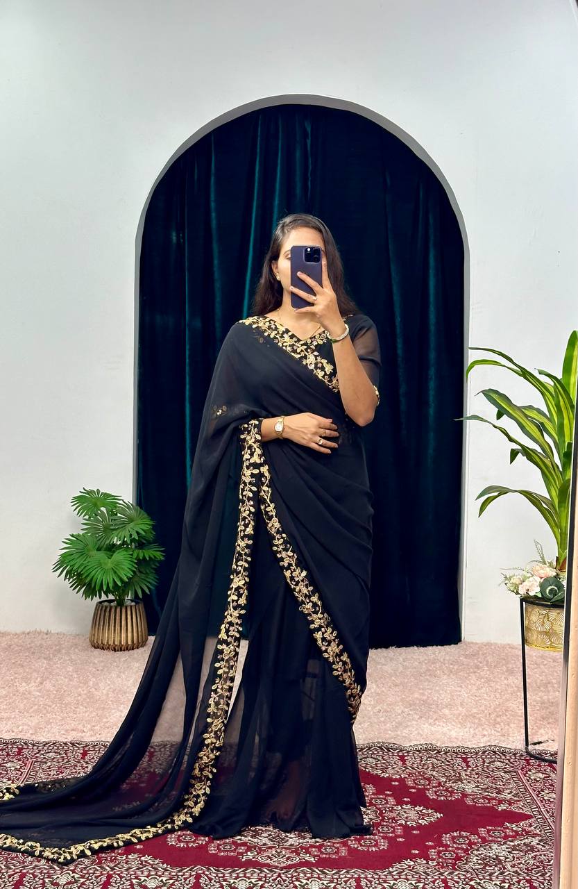 Premium Faux Georgette Gown-Saree with Embroidered Lace Border
