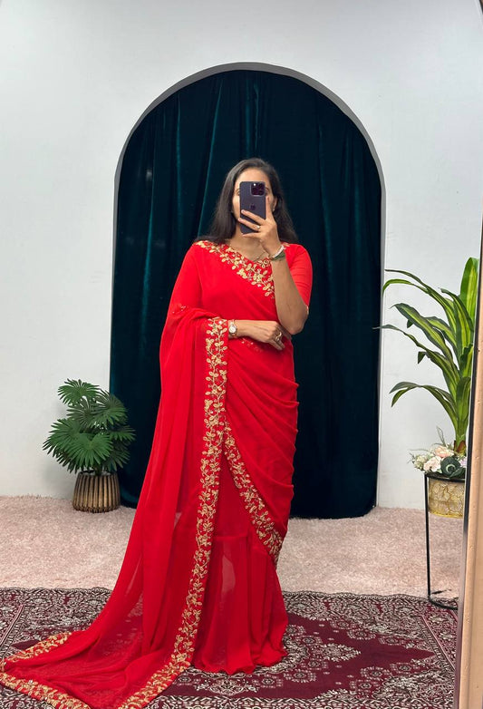 Premium Faux Georgette Gown-Saree with Embroidered Lace Border