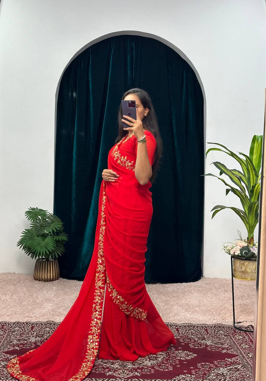 Premium Faux Georgette Gown-Saree with Embroidered Lace Border