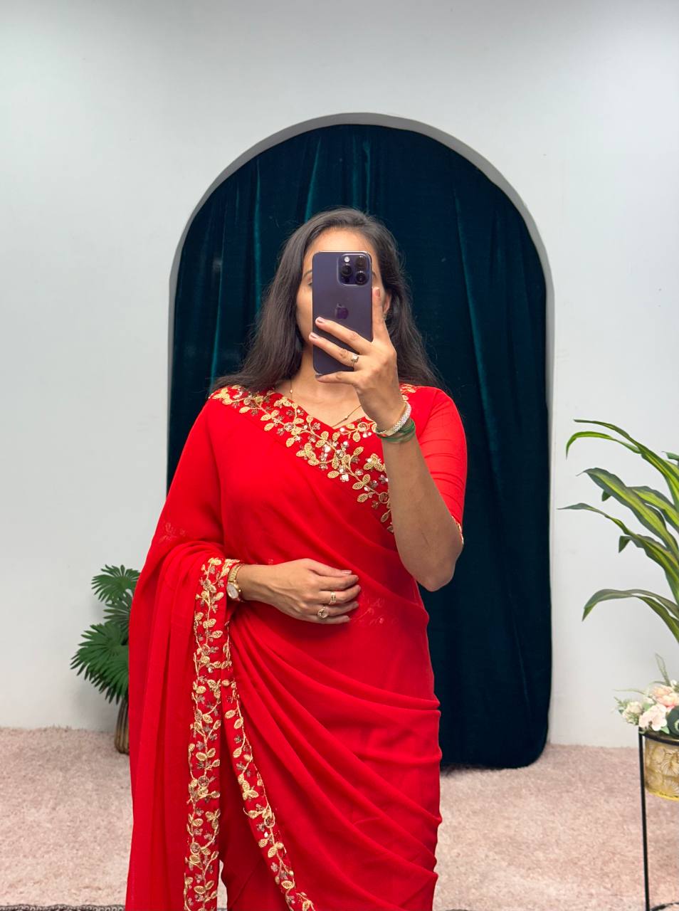 Premium Faux Georgette Gown-Saree with Embroidered Lace Border