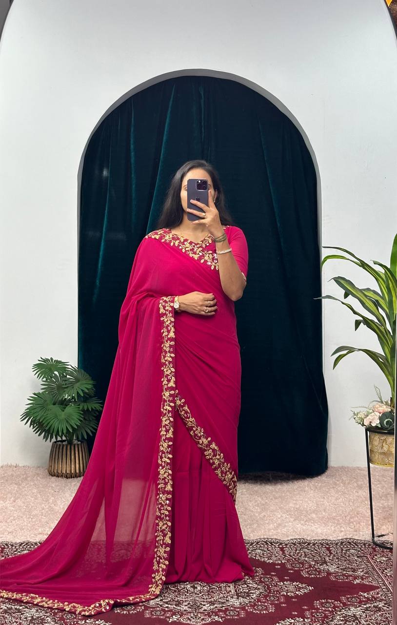 Premium Faux Georgette Gown-Saree with Embroidered Lace Border