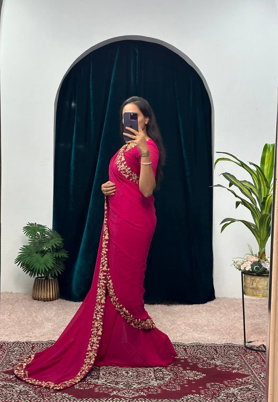Premium Faux Georgette Gown-Saree with Embroidered Lace Border