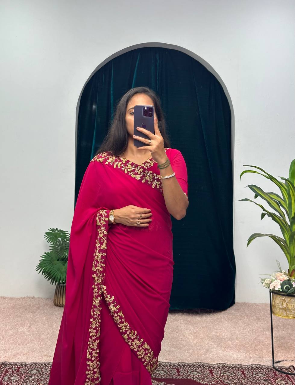 Premium Faux Georgette Gown-Saree with Embroidered Lace Border
