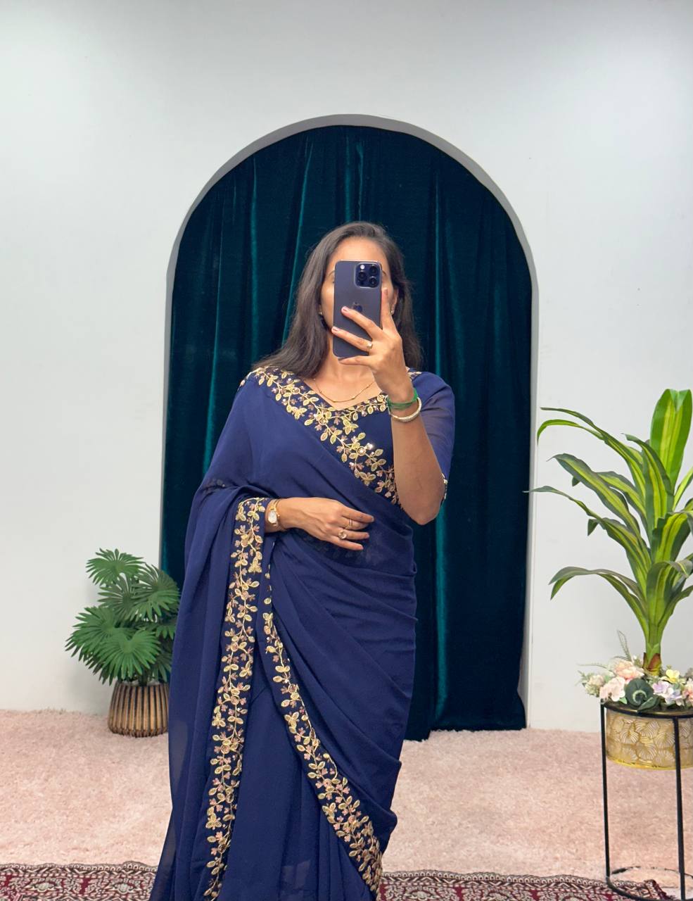 Premium Faux Georgette Gown-Saree with Embroidered Lace Border