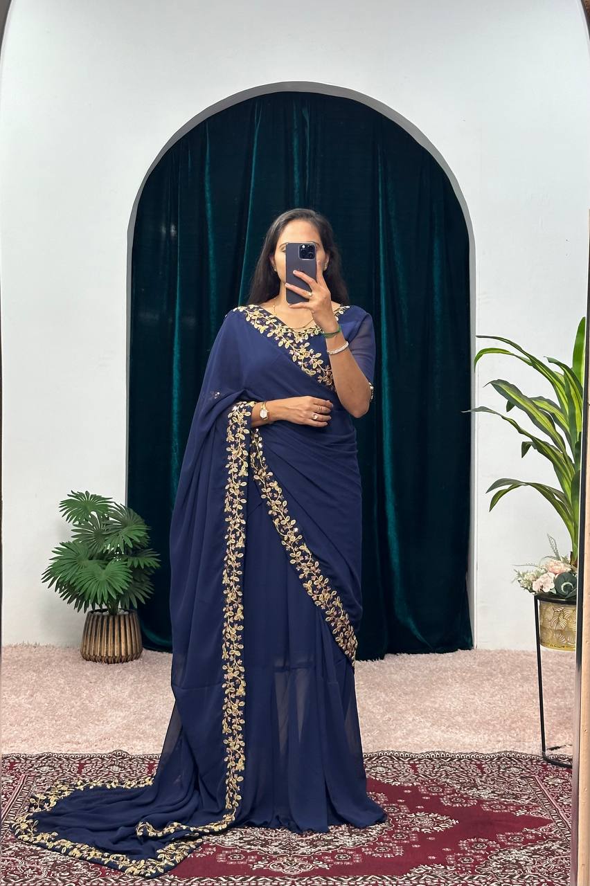 Premium Faux Georgette Gown-Saree with Embroidered Lace Border