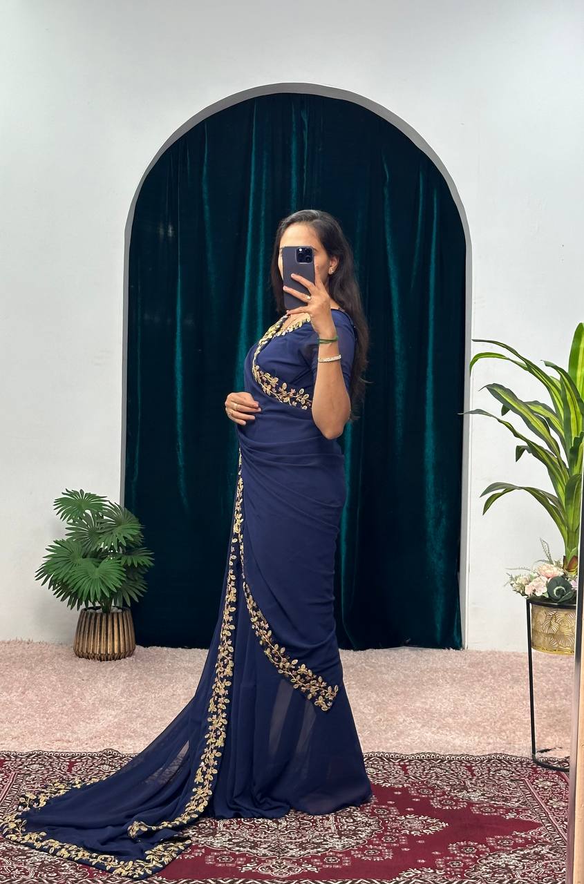 Premium Faux Georgette Gown-Saree with Embroidered Lace Border