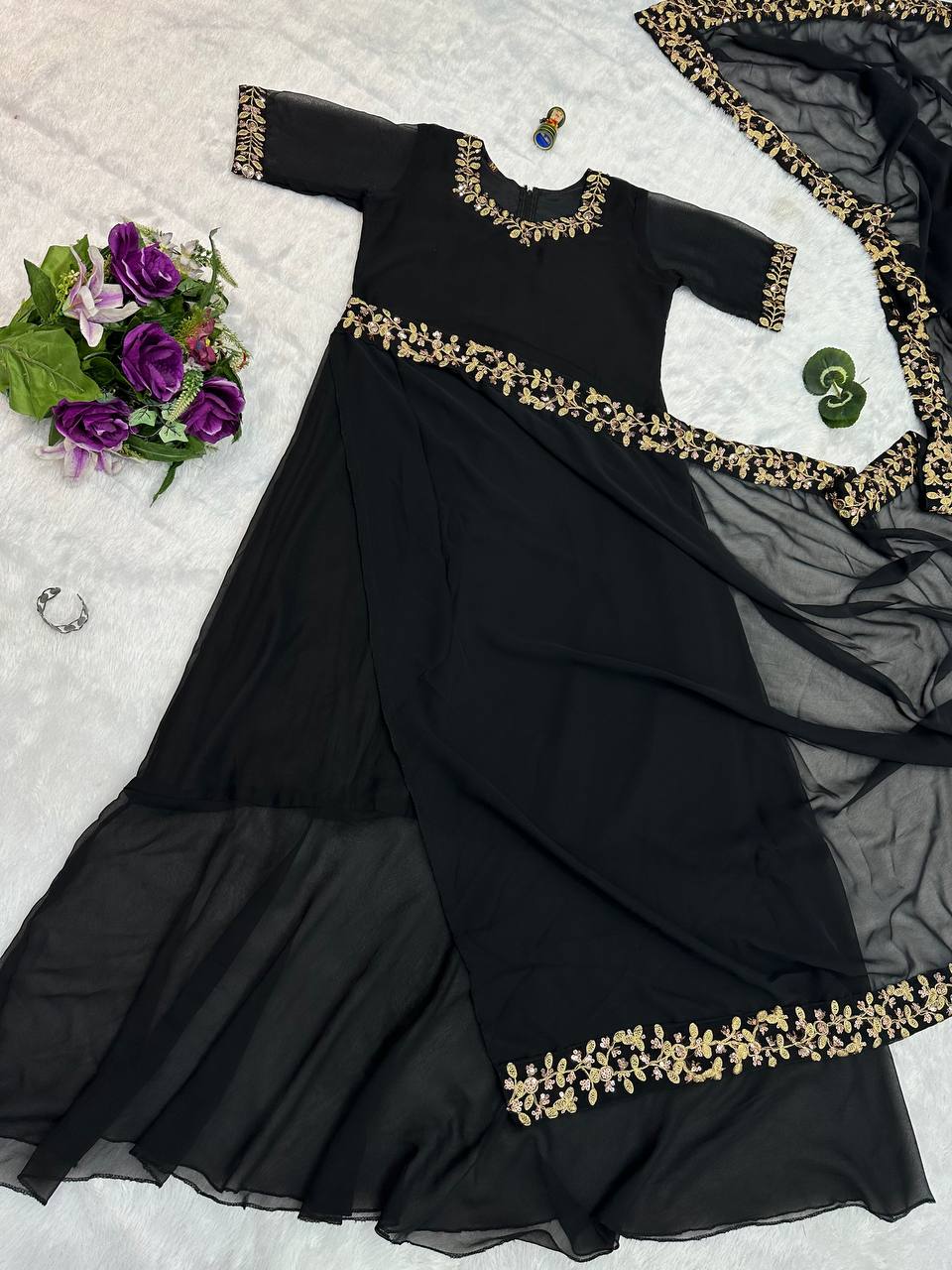 Premium Faux Georgette Gown-Saree with Embroidered Lace Border