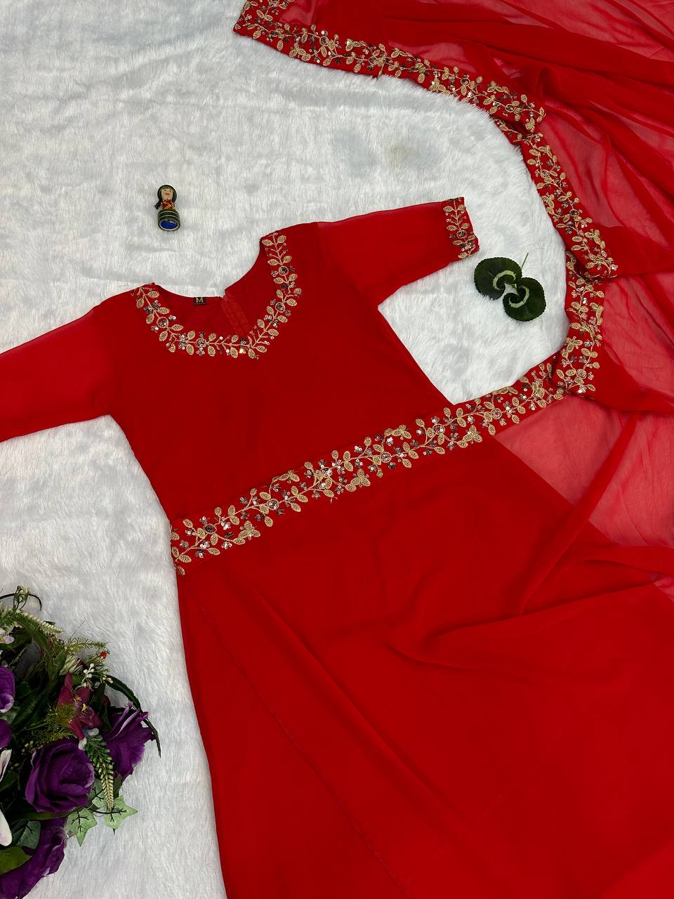 Premium Faux Georgette Gown-Saree with Embroidered Lace Border