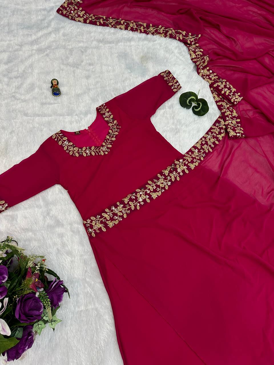 Premium Faux Georgette Gown-Saree with Embroidered Lace Border