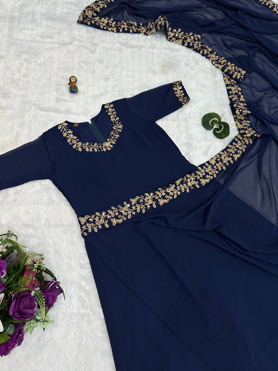 Premium Faux Georgette Gown-Saree with Embroidered Lace Border