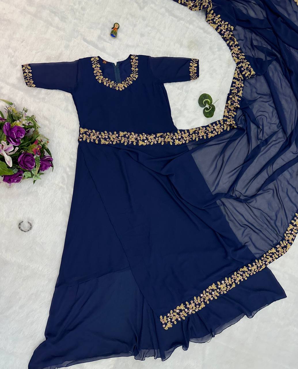 Premium Faux Georgette Gown-Saree with Embroidered Lace Border