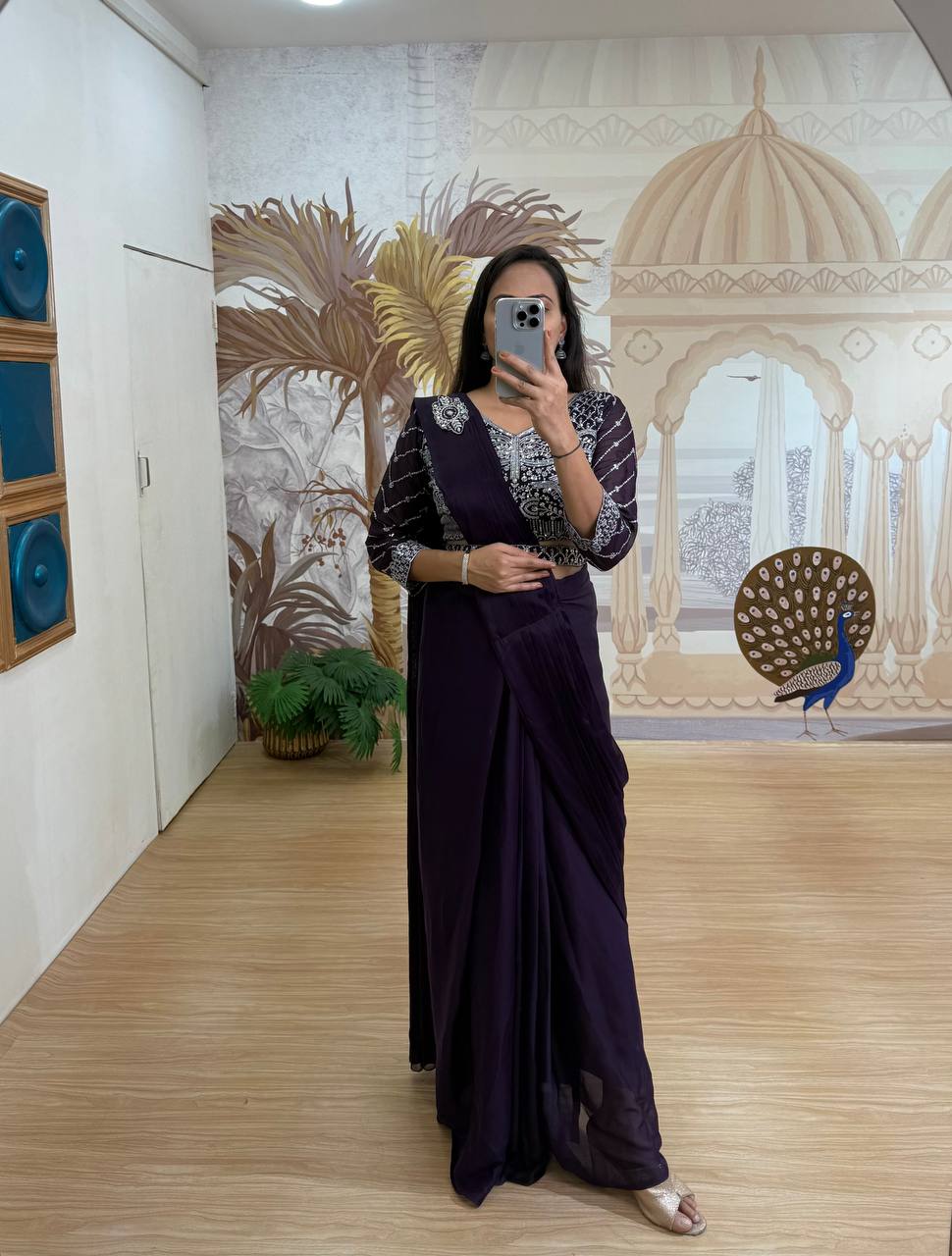 Ready-to-Wear Embroidered Drape Saree with Designer Blouse & Belt