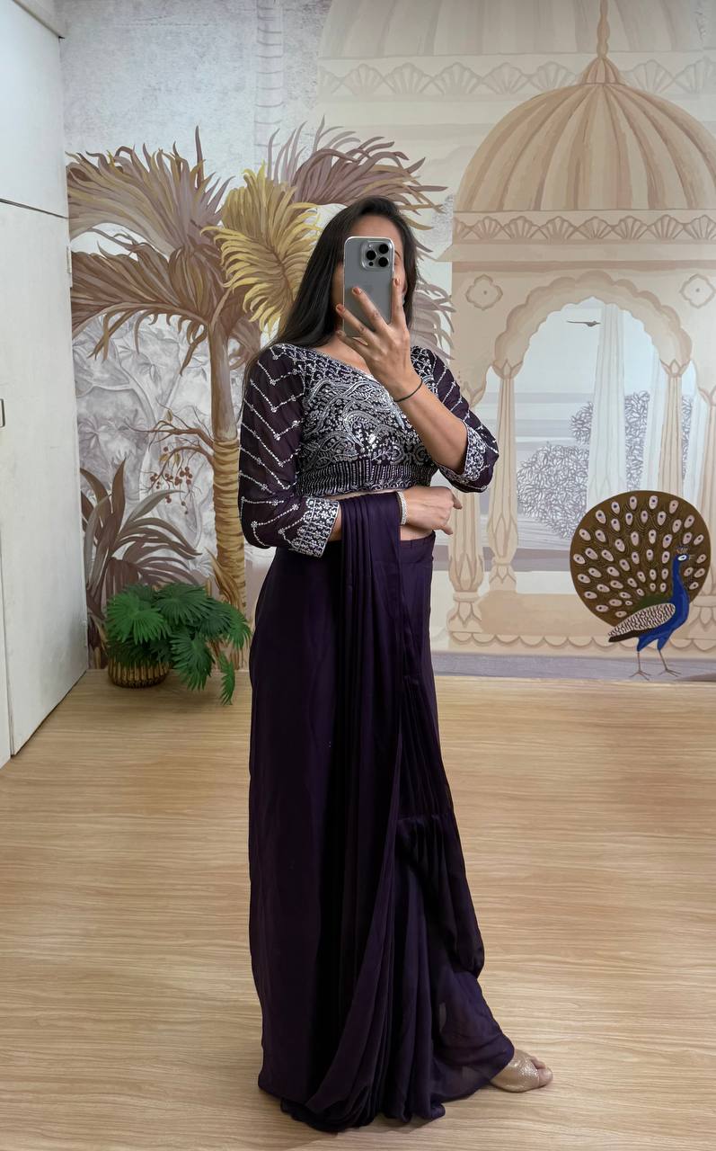 Ready-to-Wear Embroidered Drape Saree with Designer Blouse & Belt
