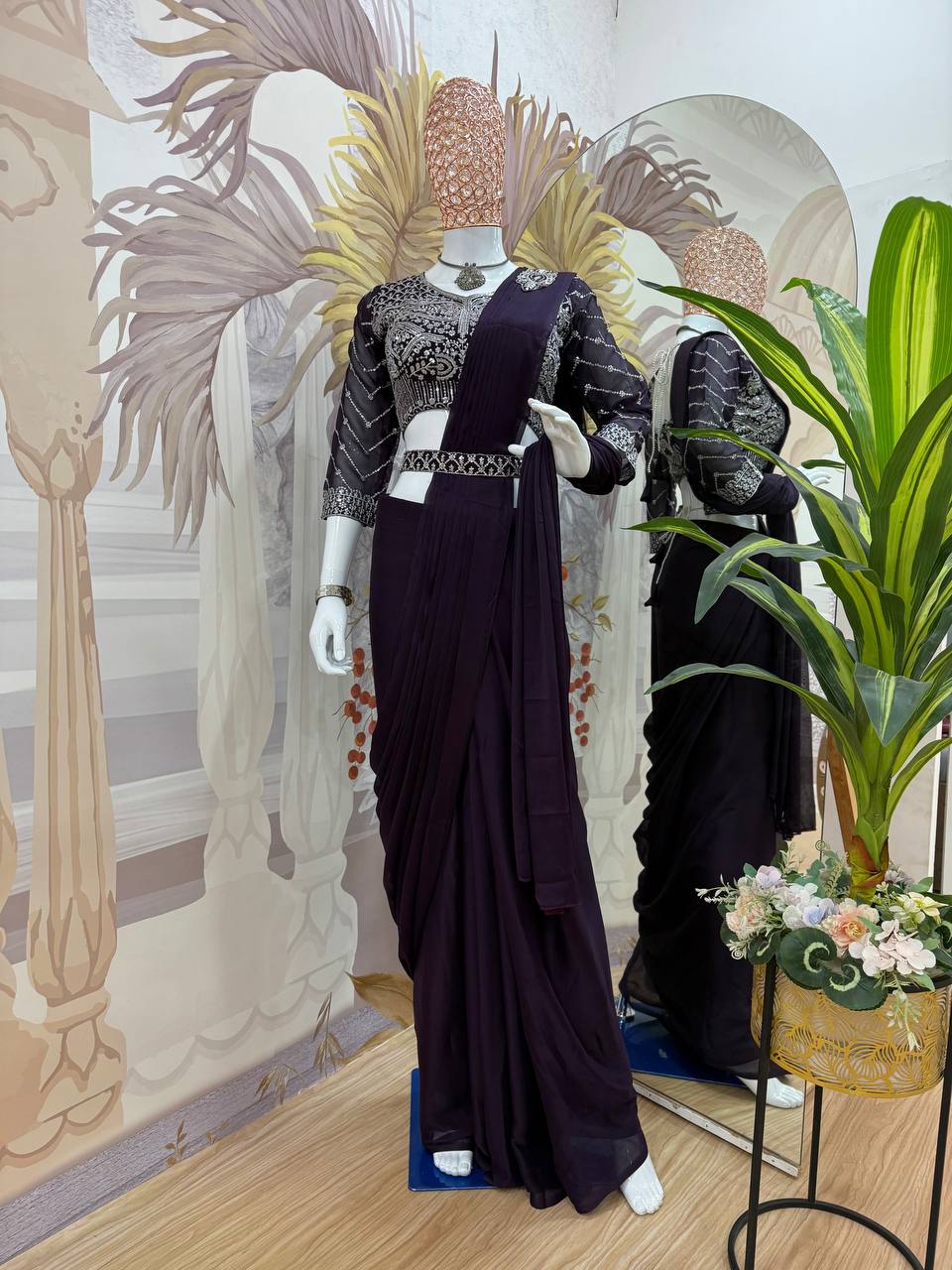 Ready-to-Wear Embroidered Drape Saree with Designer Blouse & Belt
