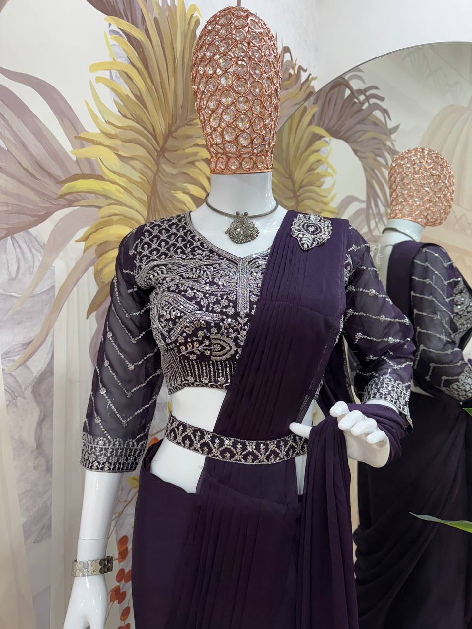 Ready-to-Wear Embroidered Drape Saree with Designer Blouse & Belt