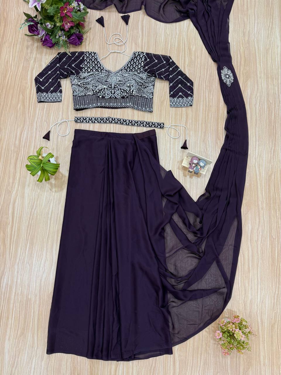 Ready-to-Wear Embroidered Drape Saree with Designer Blouse & Belt