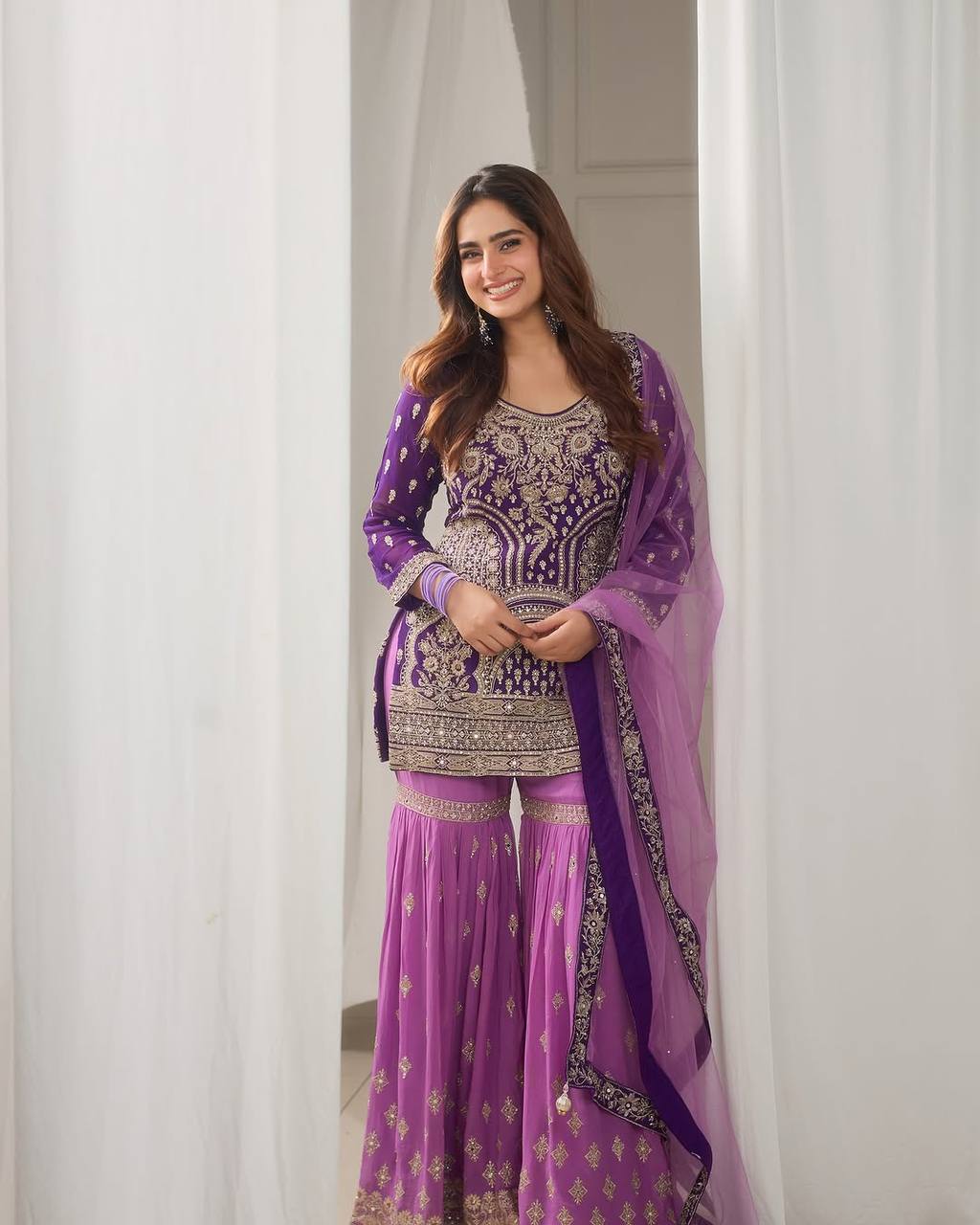 Lavender & Purple Heavy Embroidered Georgette Sharara Suit with Dupatta | Festival Special Three-Piece Set