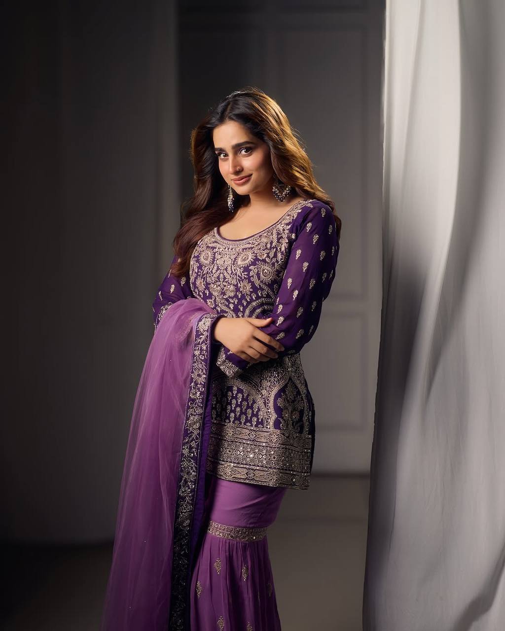 Lavender & Purple Heavy Embroidered Georgette Sharara Suit with Dupatta | Festival Special Three-Piece Set
