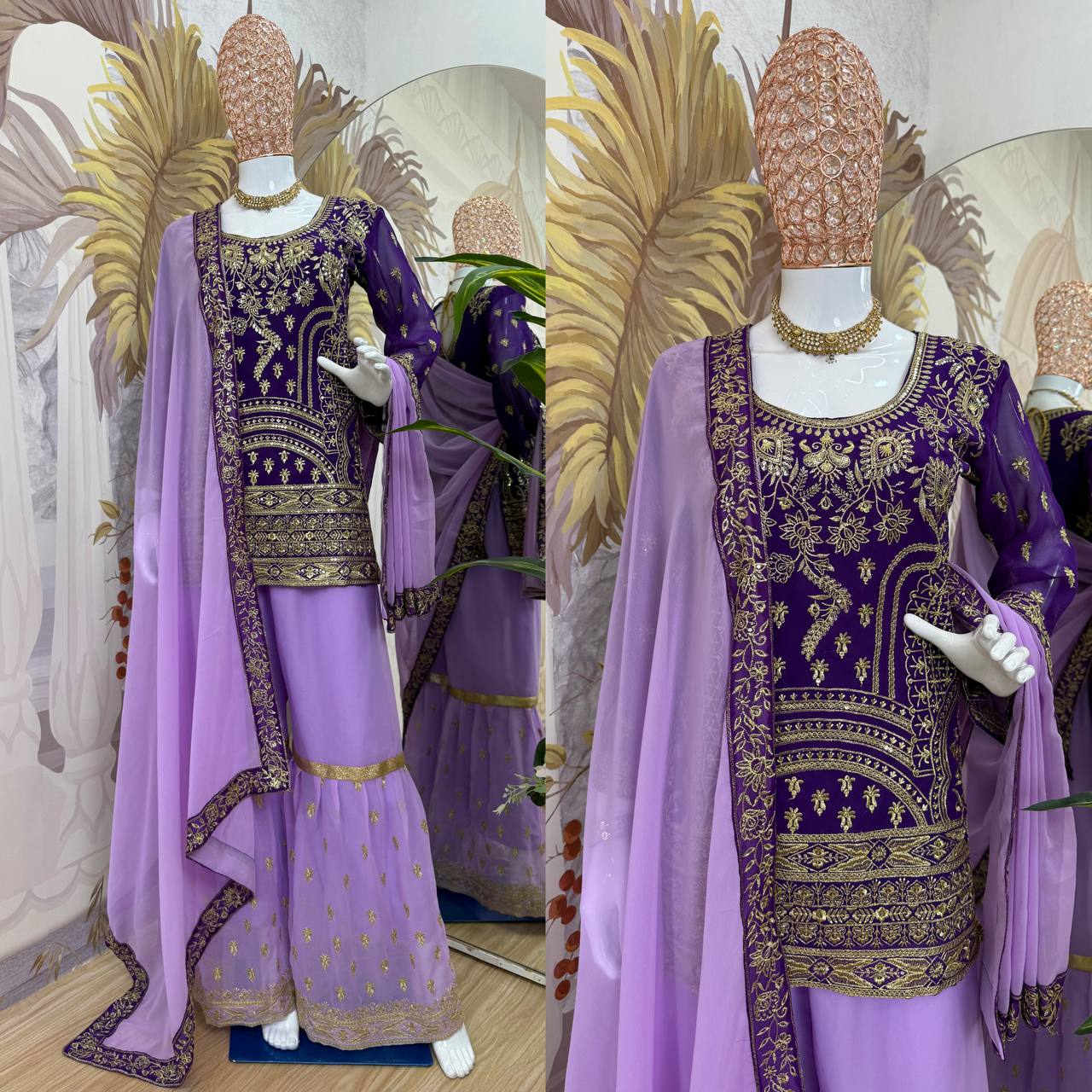 Lavender & Purple Heavy Embroidered Georgette Sharara Suit with Dupatta | Festival Special Three-Piece Set