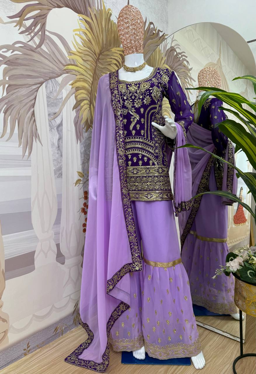 Lavender & Purple Heavy Embroidered Georgette Sharara Suit with Dupatta | Festival Special Three-Piece Set
