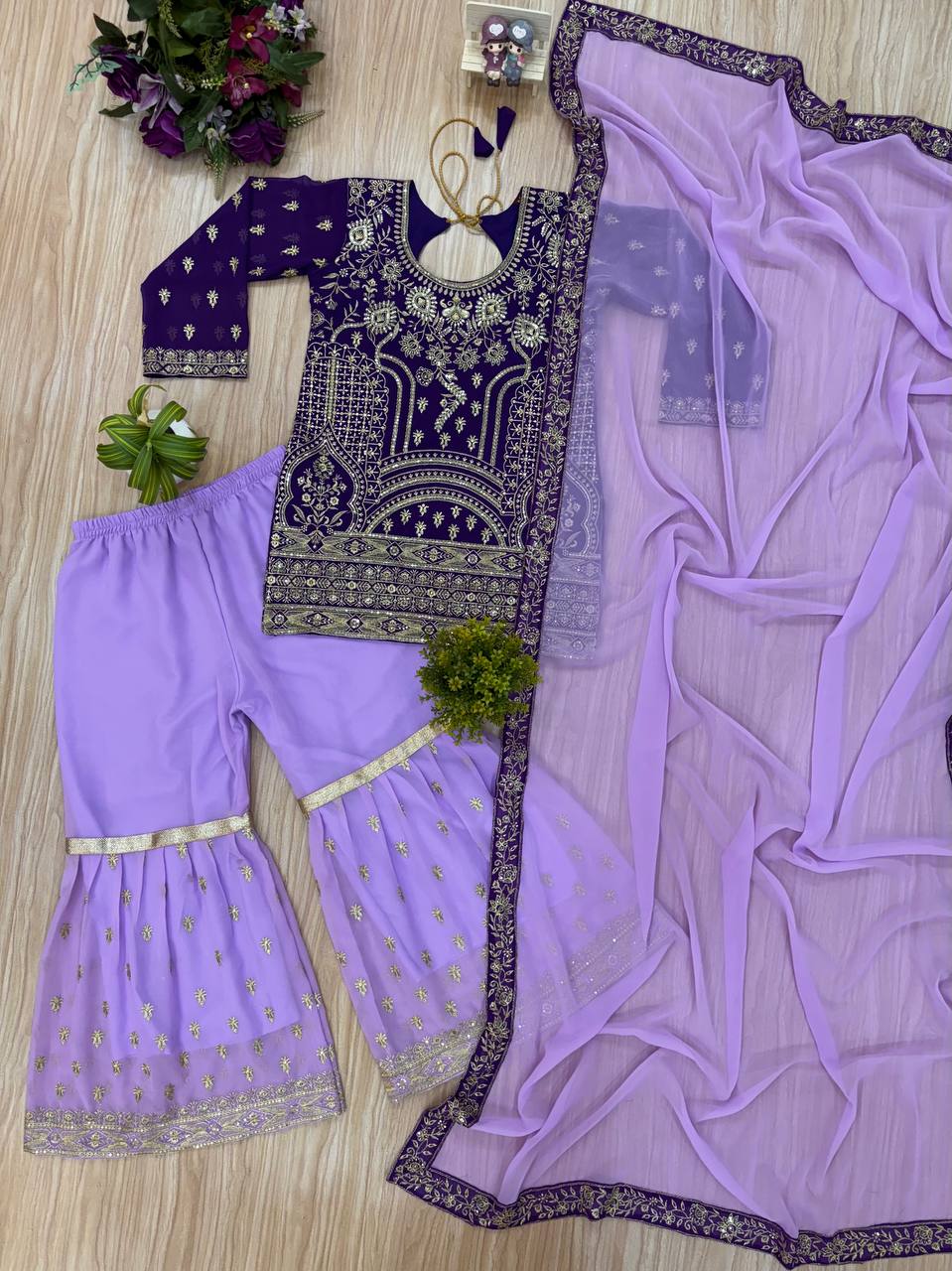 Lavender & Purple Heavy Embroidered Georgette Sharara Suit with Dupatta | Festival Special Three-Piece Set