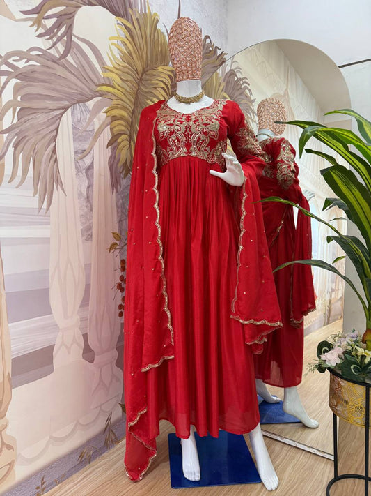 Trending Chinon Gown with Heavy Embroidered Neck &amp; Dupatta