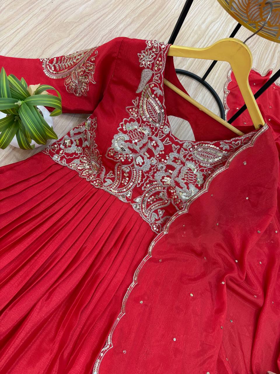 Trending Chinon Gown with Heavy Embroidered Neck &amp; Dupatta