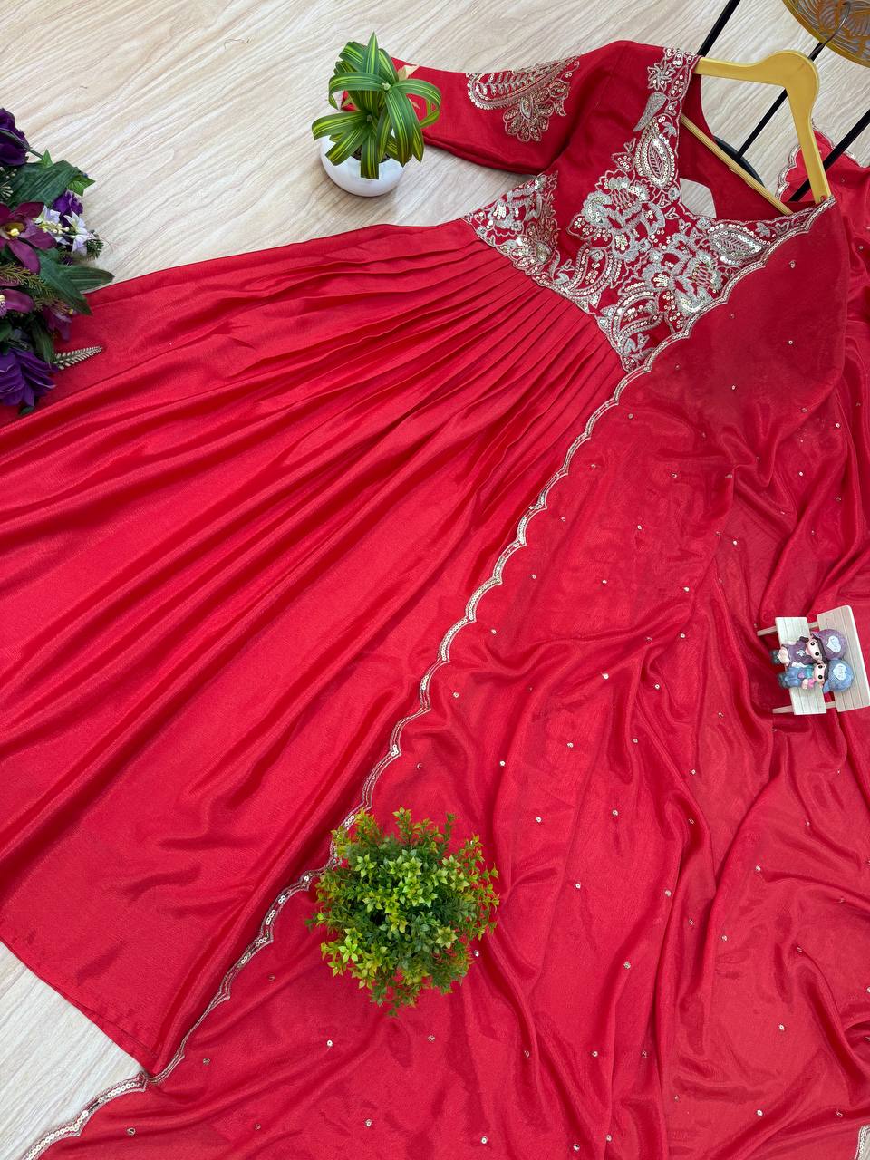Trending Chinon Gown with Heavy Embroidered Neck &amp; Dupatta