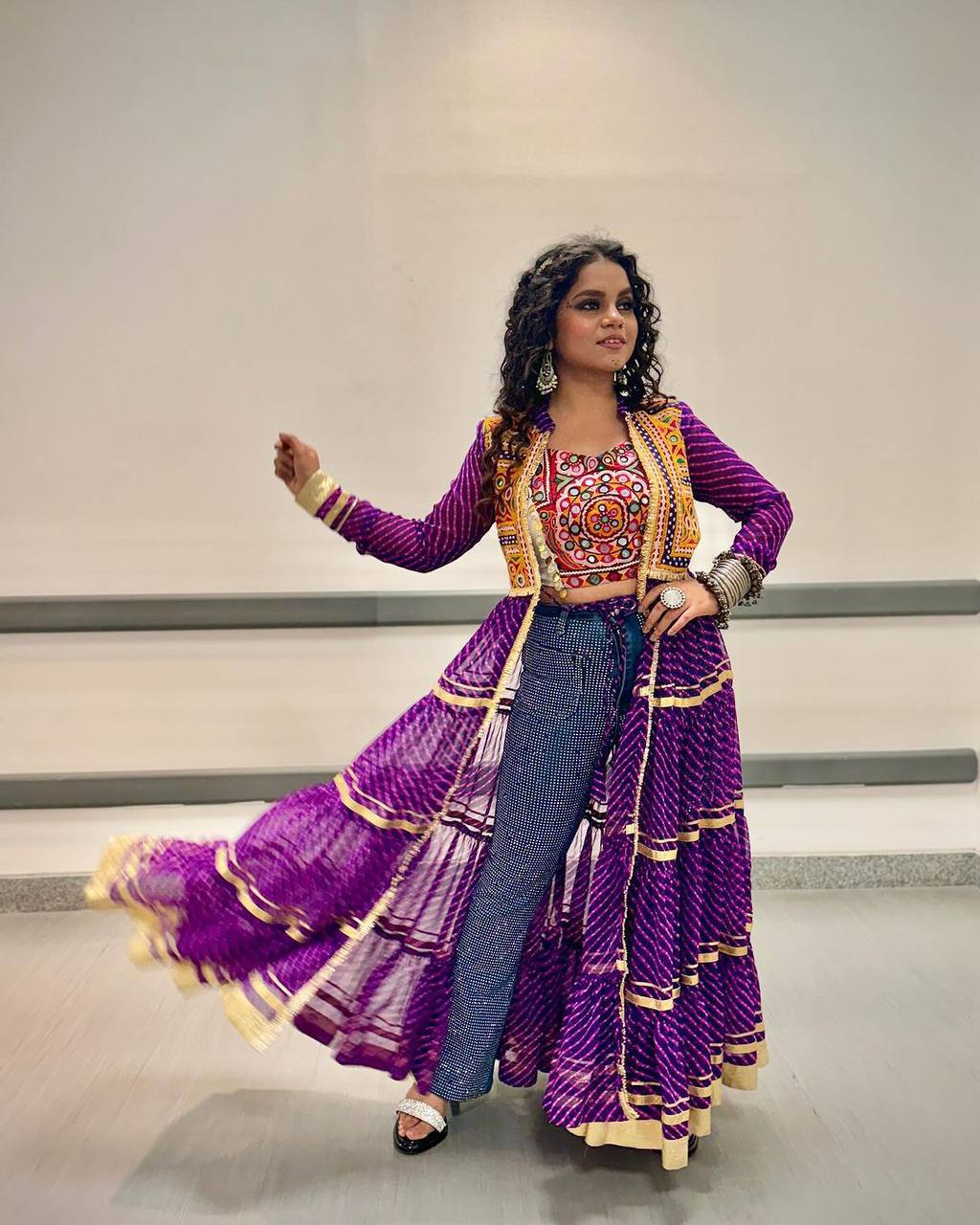 Navratri Special Bandhani Shrug with Embroidered Blouse Set