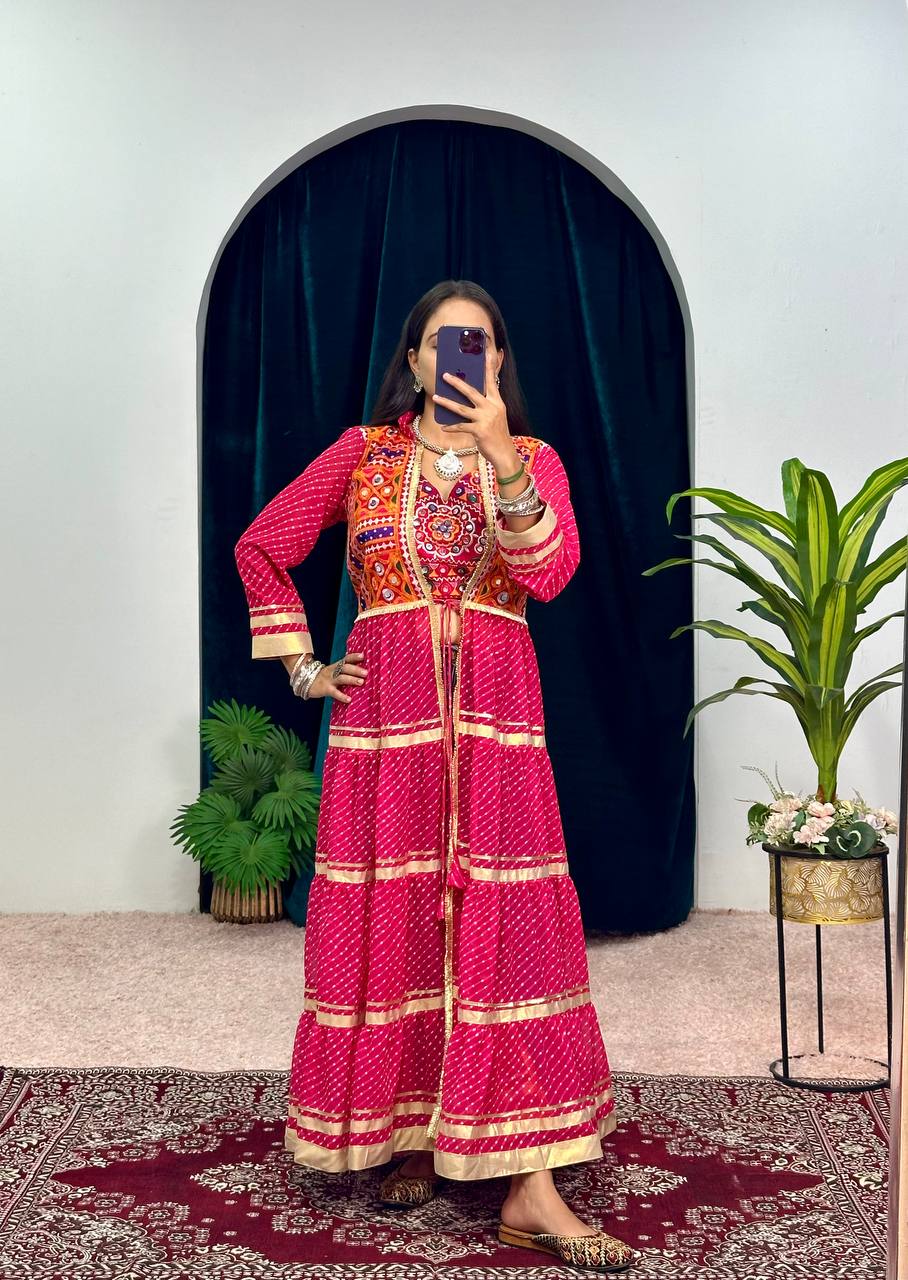 Navratri Special Bandhani Shrug with Embroidered Blouse Set