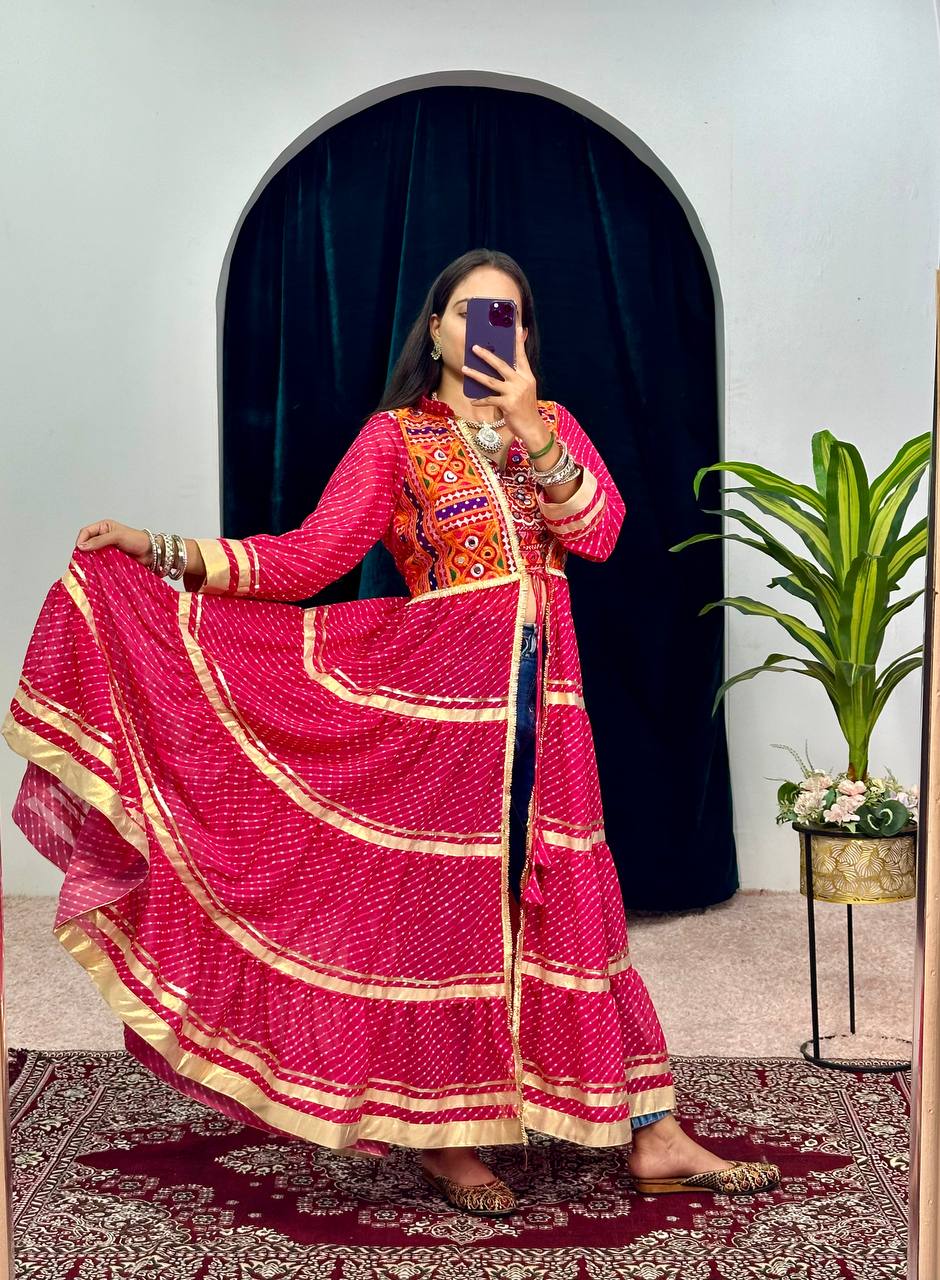 Navratri Special Bandhani Shrug with Embroidered Blouse Set