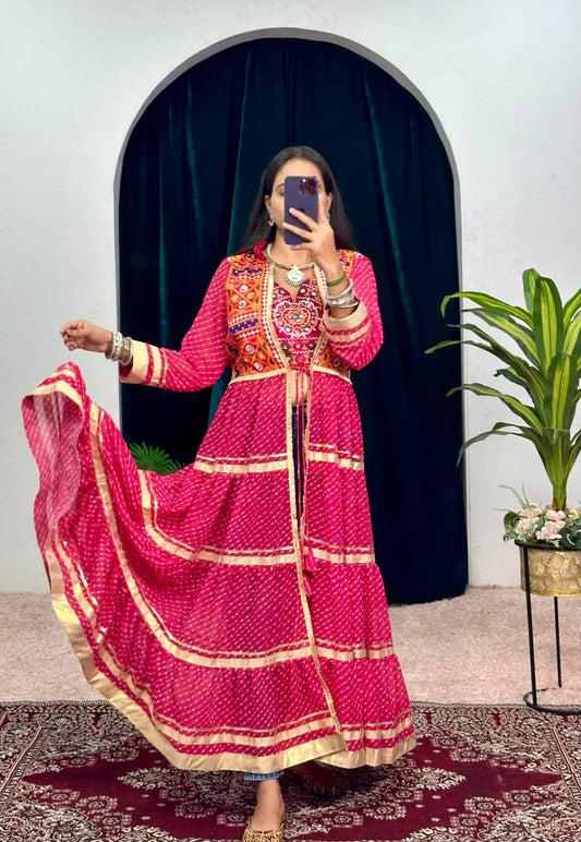 Navratri Special Bandhani Shrug with Embroidered Blouse Set