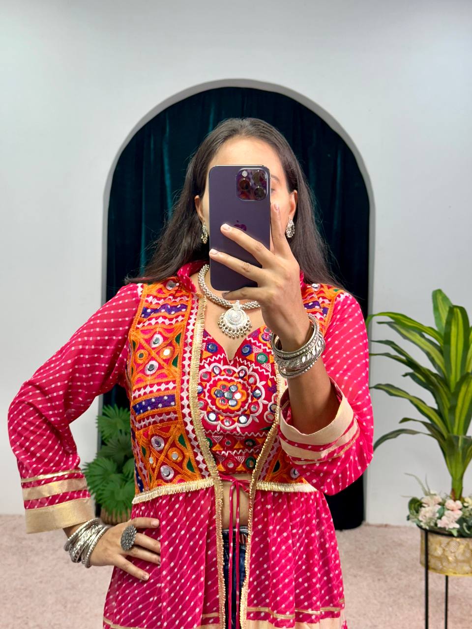 Navratri Special Bandhani Shrug with Embroidered Blouse Set