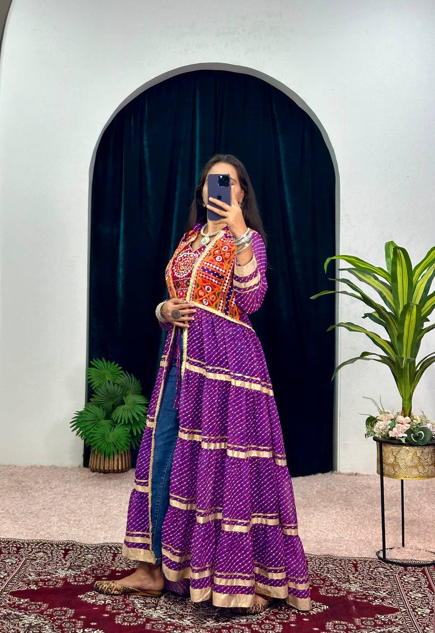 Navratri Special Bandhani Shrug with Embroidered Blouse Set