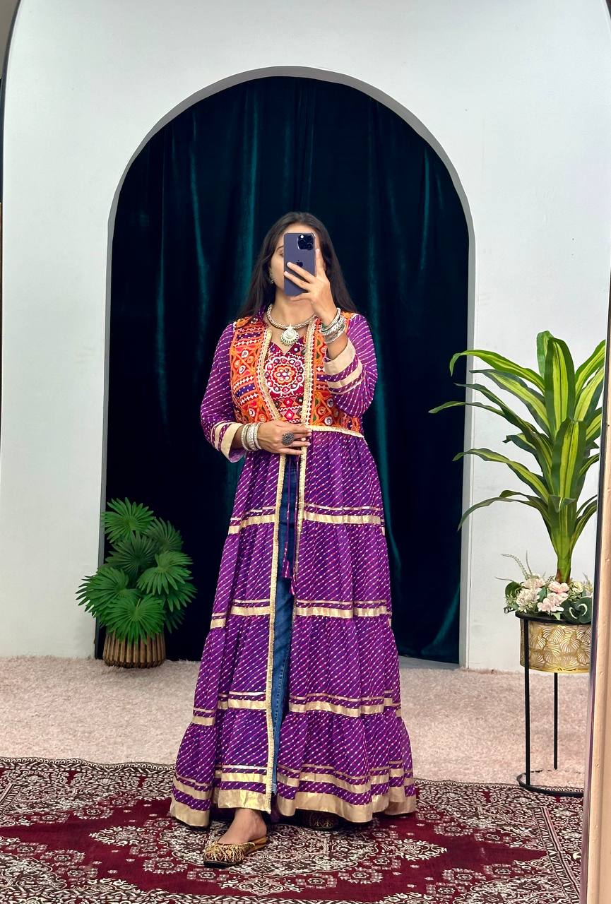 Navratri Special Bandhani Shrug with Embroidered Blouse Set