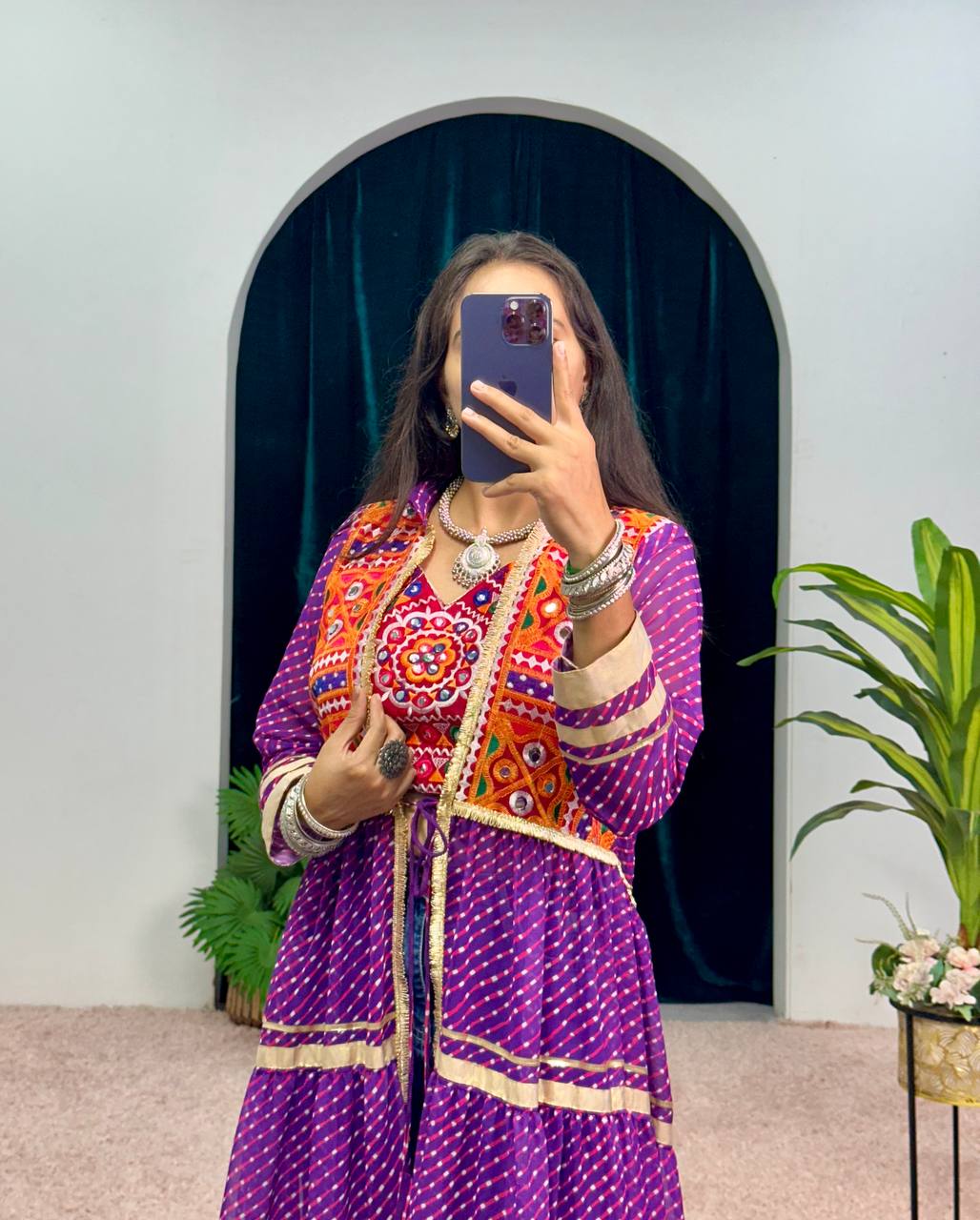 Navratri Special Bandhani Shrug with Embroidered Blouse Set
