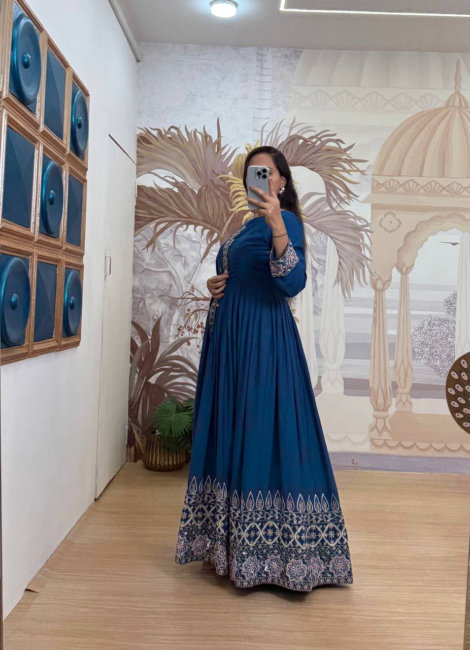 Trending Rayon Gown Set with Embroidered Daman &amp; Dupatta