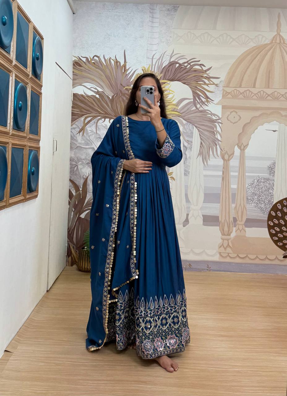 Trending Rayon Gown Set with Embroidered Daman &amp; Dupatta